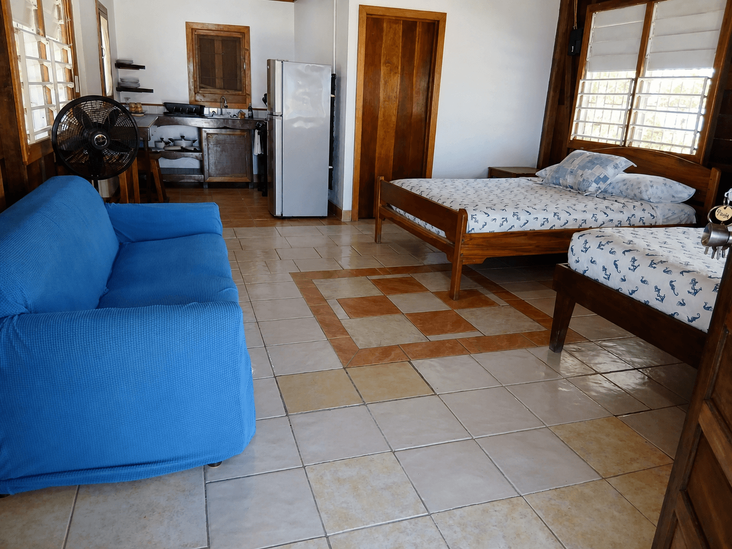 Cabana Playa interior with beds and private kitchen